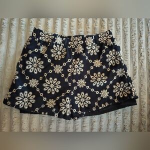 Tahari Girls Black Shorts with Cream Floral Embroidery Trim